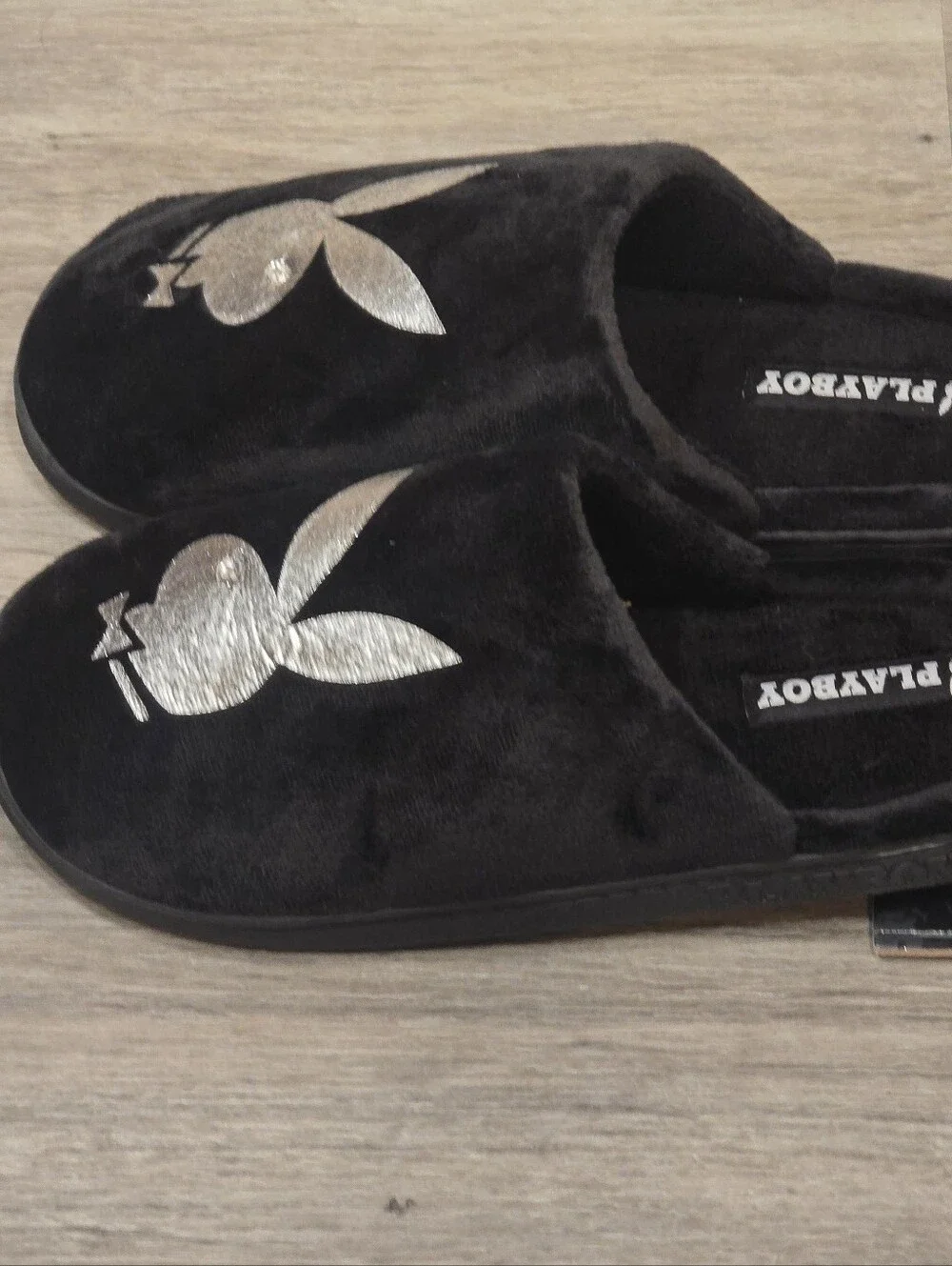 Playboy Metallic Bunny Logo Indoor/Outdoor Memory Foam Slide Slippers- Black